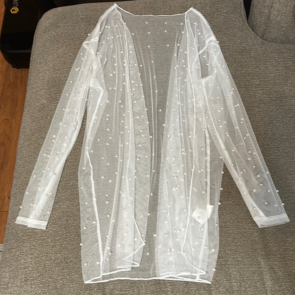 White mesh pearl-studded cardigan